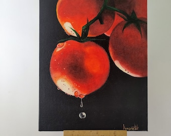 Original Tomato Oil Painting: Kitchen Still Life, Fruit Wall Art (5.9x7.9 in)