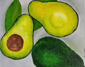 Origineel avocado-olieverfschilderij: keukenstilleven, fruitmuurkunst (5,9 in)