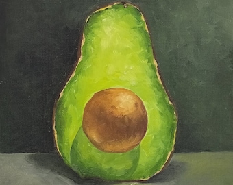 アボカドの油絵 アボカドの絵画、アボカドのオリジナル静物油絵、8x8インチの
