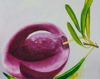 Purple Olive Oil Painting: Original Kitchen Wall Art (5.9 in)