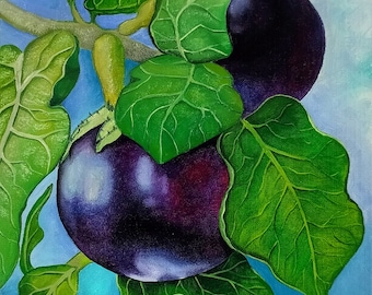 Original Eggplant Oil Painting: Small Kitchen Still Life Art