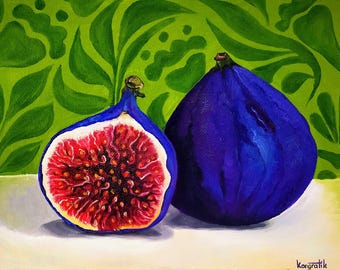 May include: A painting of two figs, one cut open to reveal its red interior with small seeds, and the other whole, with a deep purple-blue skin. The figs are on a white surface with a green background.