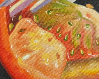 Oljemålning med tomatskivor: Köksmatkonst, stilleben för små grönsaker