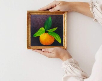 みかんの絵 オレンジの絵 オリジナル油絵 柑橘類の絵 新聞紙アート