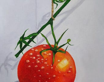 Tomato Branch Oil Painting: Original Kitchen Still Life Art
