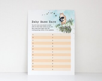 Juego clásico de baby shower de Winnie the Pooh, carrera por el nombre del bebé, juegos de baby shower de Pooh Bear, juegos de revelación de género, descarga instantánea