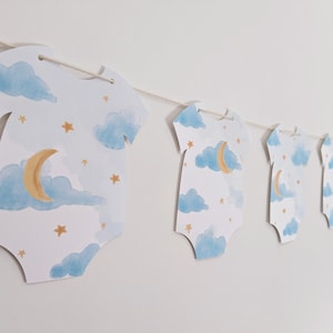 Moon Baby Shower Garland, Over the Moon Baby Shower Banner, Twinkle Gender Reveal Banner, Stars Baby Sprinkle Banner, Blue Onesie Garland