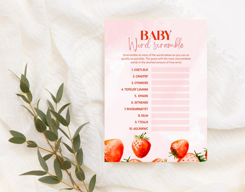 Little Strawberry Baby Shower Games, Word Scramble, Berry Sweet Baby