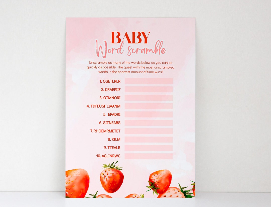 Little Strawberry Baby Shower Games, Word Scramble, Berry Sweet Baby