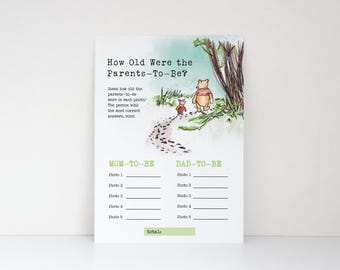 Juego de Winnie the Pooh Baby Sprinkle, Juego de adivinanzas sobre la edad de los padres, Juegos de baby shower de Pooh Bear, Descarga instantánea
