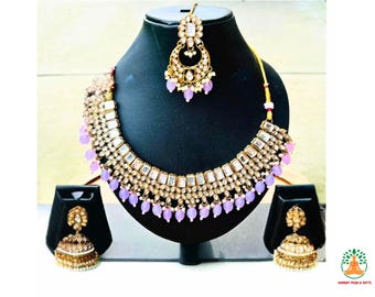 Lavender Purple Imitation Jewelry Necklace Set with earrings tikka/Indian Bridal Jewelry/High Quality/Kundan Set/Wedding Jewelry polki