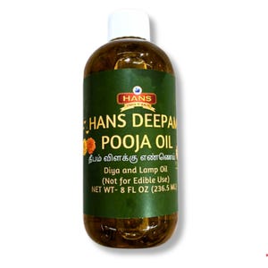 May include: A clear bottle of Hans Deepan Pooja Oil with a green label. The label features text in English and another language, along with the words "Diya and Lamp Oil." The bottle contains 8 fl oz (236.5 ml) of oil.