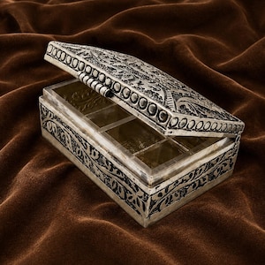 May include: A rectangular silver-toned metal box with an attached hinged lid. The exterior surfaces feature intricate embossed floral and leaf patterns. The interior contains a clear acrylic insert divided into six separate rectangular compartments.