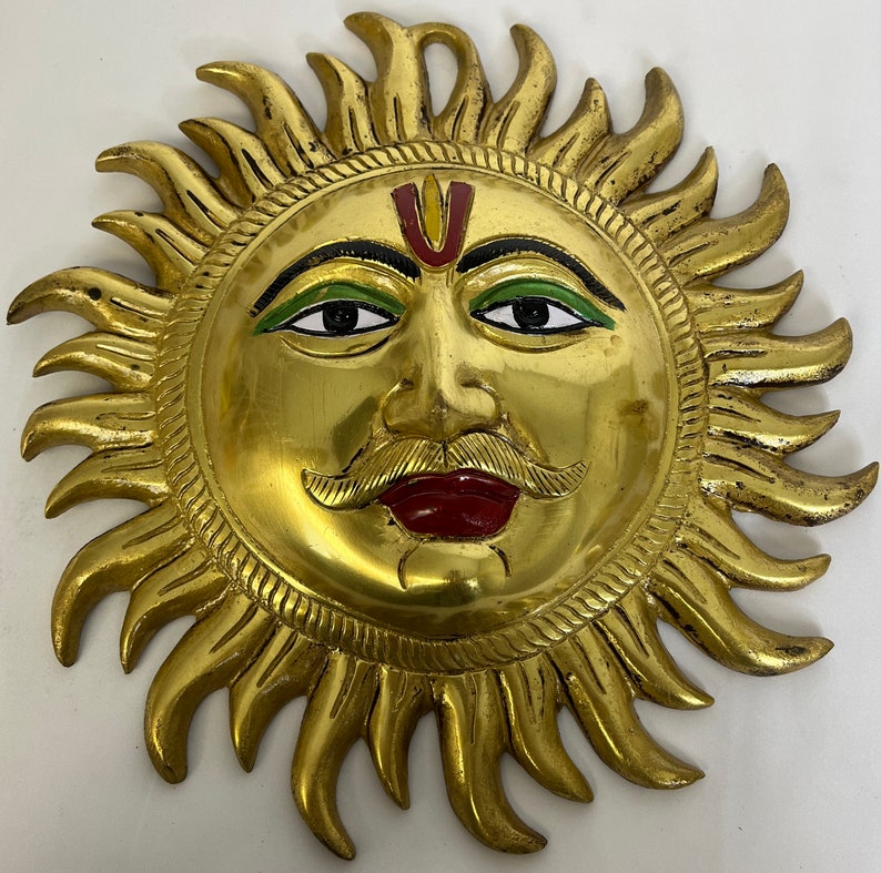 Brass Sun Face Idol Figurine Wall Hanging Statue Handmade Sculpture for