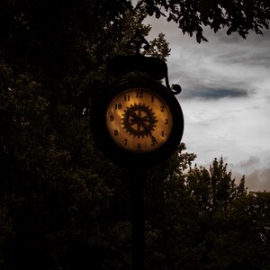 May include: A round, black outdoor clock mounted on a post, featuring a light-colored face with black numerals and a central gear-shaped design. The clock is positioned against a backdrop of dark tree silhouettes and a cloudy, overcast sky.
