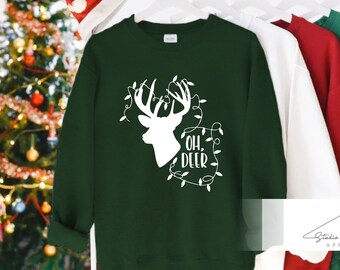 Oh Deer Christmas Is Here Cute Sweatshirts Holiday Funny Pullover Fleece 