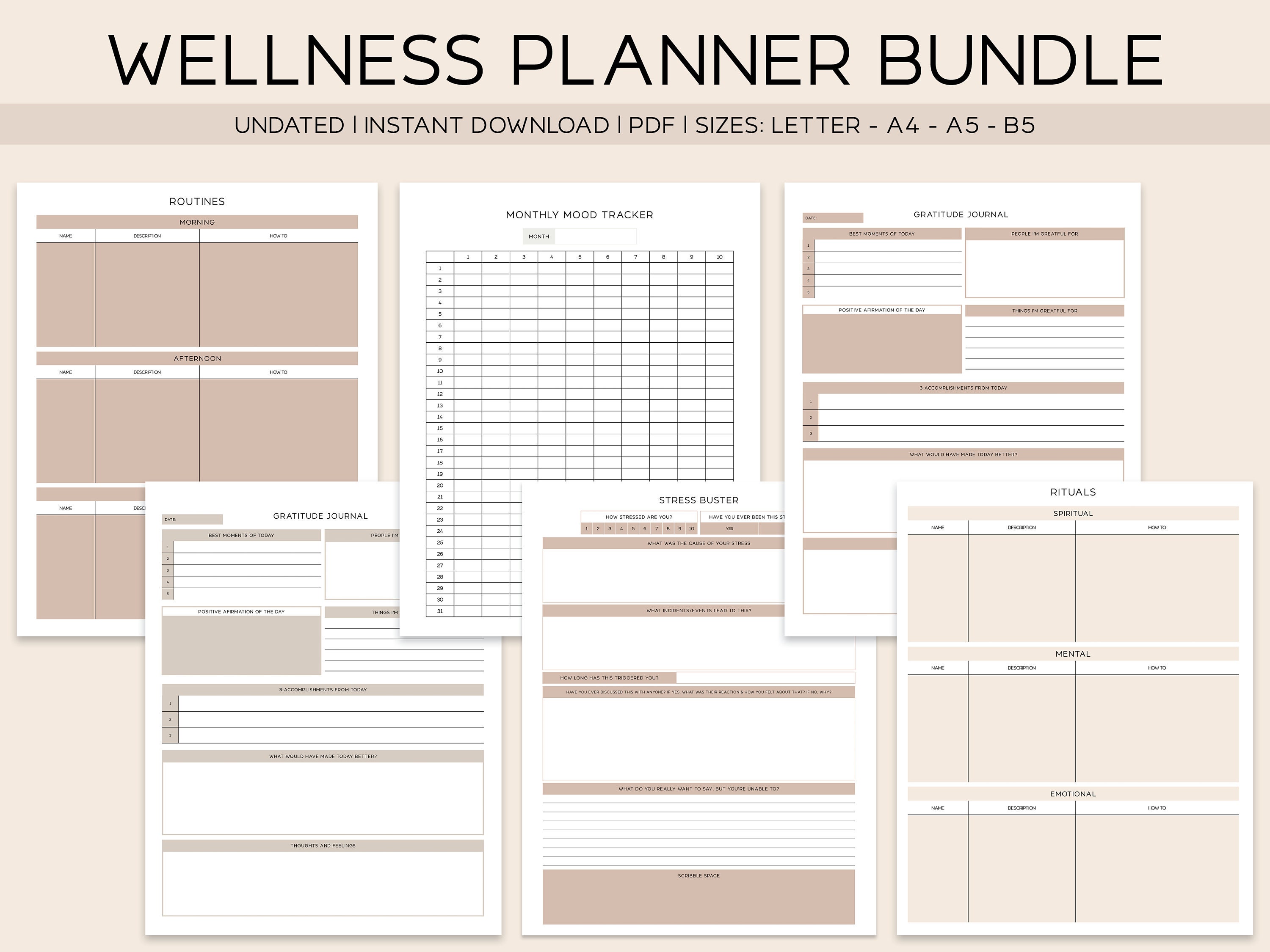 SELF CARE PLANNER Printable Bundle Gratitude Journal, Mood Tracker ...