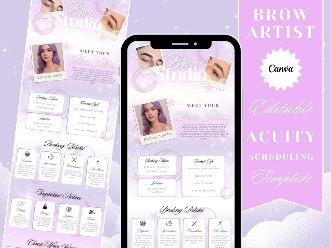 Dreamy Acuity Brow Booking Template for Brow Techs | Canva Editable ...