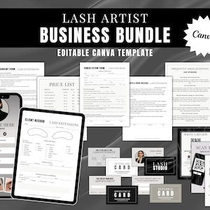 May include: A business bundle for lash artists, featuring editable Canva templates. Includes forms, price lists, client records, appointment cards, and aftercare cards. A smartphone and tablet display the templates. The text "LASH ARTIST BUSINESS BUNDLE" is at the top.