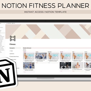 Peut inclure: Un ordinateur portable affichant un modèle de planificateur de remise en forme Notion. L'écran affiche un programme d'entraînement hebdomadaire avec des images de différents exercices. Le texte "Notion Fitness Planner" est affiché en haut de l'écran. Le texte "Instant Access | Notion Template" est affiché sous le titre. Le texte "Store Workout Routines and Create Custom Routines" est affiché à droite de l'écran.