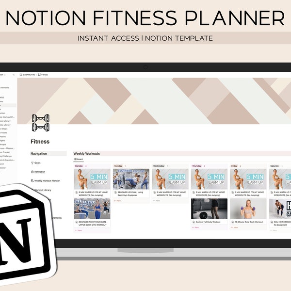 NOTION WORKOUT PLANNER | Digital Planner Template to Track Your Fitness Progress (Exercise, Yoga, Home Gym, Personal Trainer, Workout Plan)