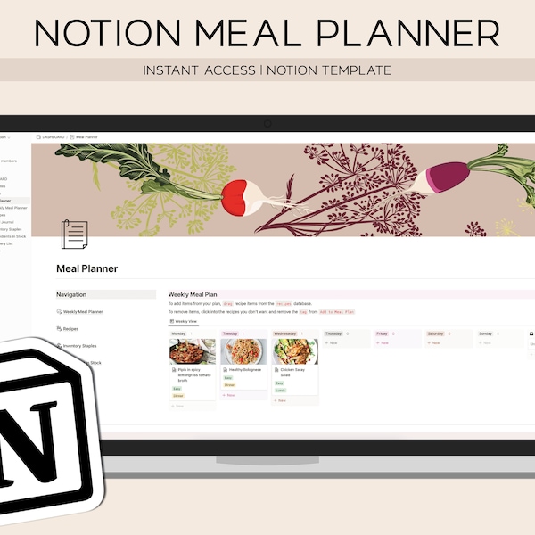 NOTION MEAL PLANNER | Digital Planner Template with Auto Fill Grocery List & Ingredients Inventory | Custom Meal Plan for your Diet Goals