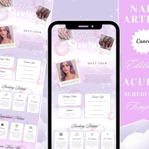 May include: A digital template for a nail studio, featuring a light purple and white design. The template includes a photo of a nail artist, booking information, and booking policies. The words "Nail Studio" and "Meet Your Nail Artist" are visible.