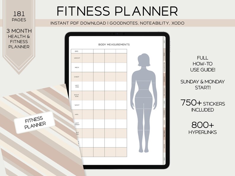DIGITAL FITNESS PLANNER 750 Digital Planner Stickers Health Etsy