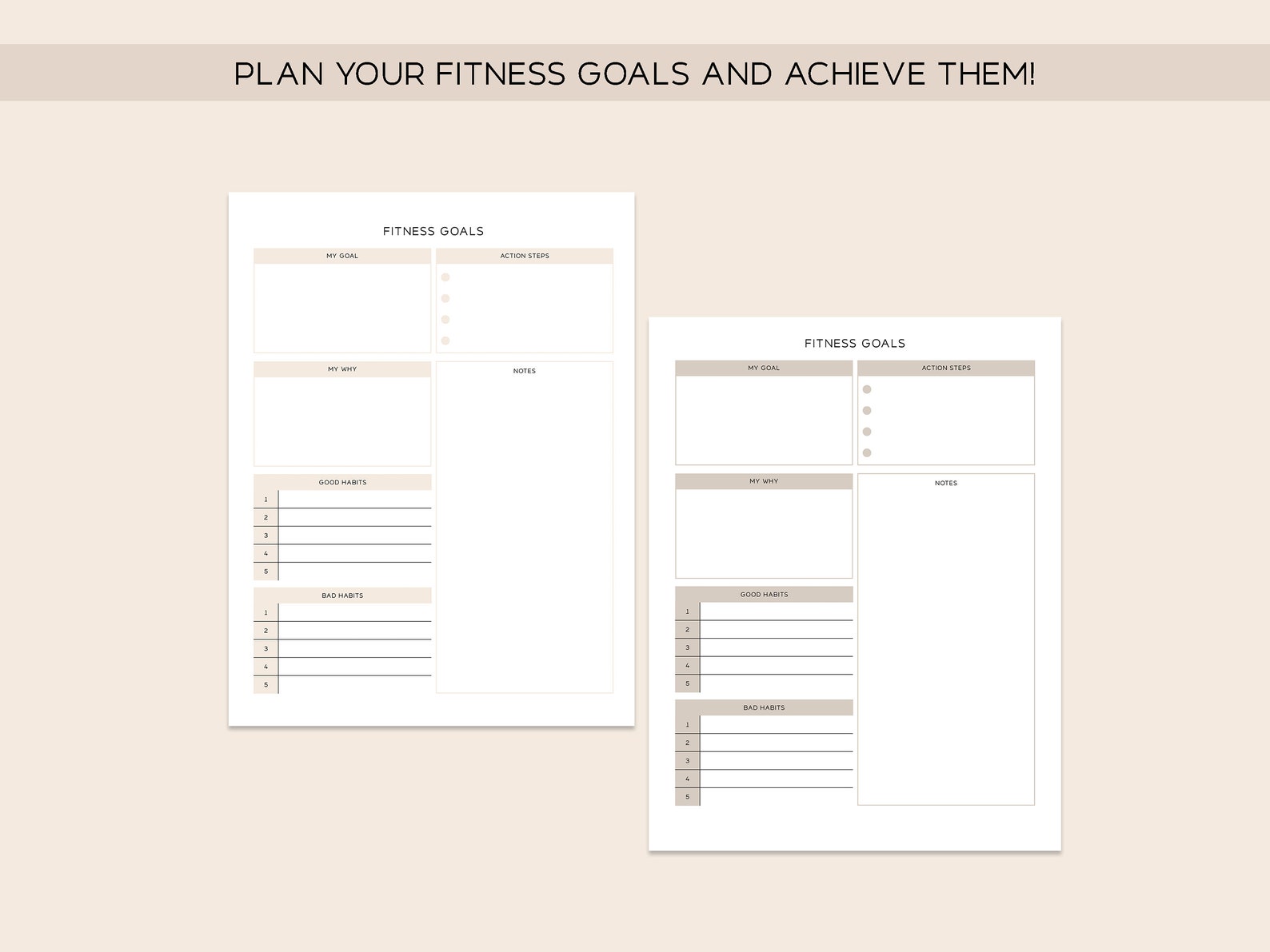 FITNESS GOALS PLANNER, Self Care Planner, A5 Planner Inserts, Instant