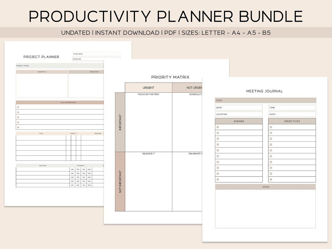 PRODUCTIVITY PLANNER Printable BUNDLE Project Management Tracker ...