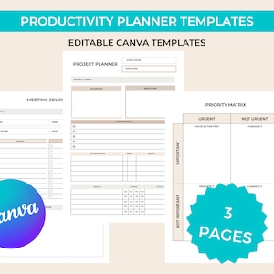 CUSTOMISABLE Productivity Planner Templates, CANVA Templates, Editable Planner Templates, Canva Editable Planner