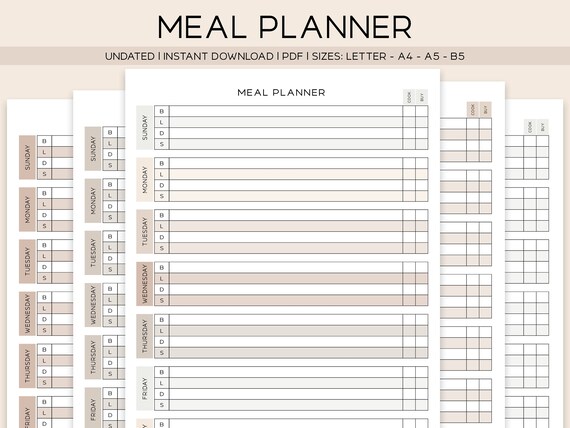 WEEKLY MEAL PLANNER Printable A5 Planner Inserts Instant - Etsy Australia