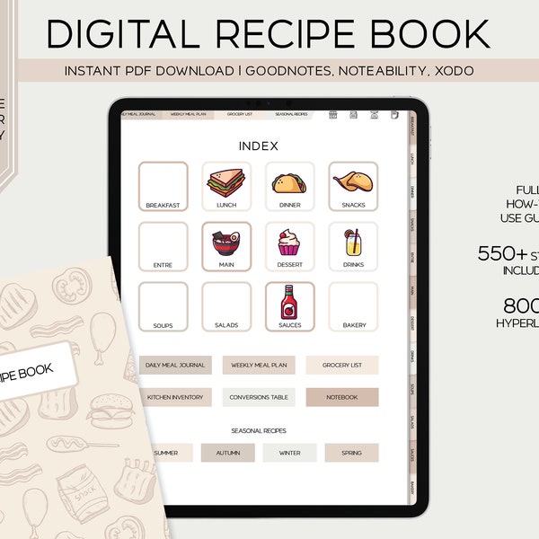 DIGITAL RECIPE BOOK | Cookbook Planner Template to Personalize Recipes Based on Your Cooking Goals | with Meal Plan & Grocery List Template