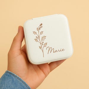 Boîte à bijoux de voyage personnalisée, cadeau de mariée, étui à bijoux pour fleurs de naissance, proposition de demoiselle d'honneur, cadeaux pour son anniversaire,