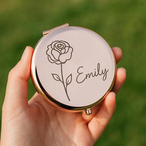 Espejo compacto personalizado de lujo, regalo para boda, espejo de bolsillo de lujo para regalos de dama de honor, flor de nacimiento personalizada para ella.