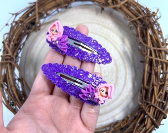 Purple Glitter Snap Clips Set, Tiny Little Mermaid Hair Pin, Scalloped Snap Clips, Teen Snap Clip Set of 2, Toddler Fringe Clips, Hair Clips
