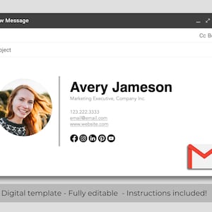 May include: Email signature template with a woman's headshot, Avery Jameson's name, title, contact information, and social media icons. The template also includes a red envelope icon.