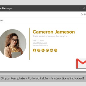 May include: Email signature template featuring a headshot of a woman, the name Cameron Jameson, job title Digital Marketing Manager, Company Inc., phone number, email address, website address, and social media icons for Facebook, Instagram, LinkedIn, Pinterest, YouTube, and WhatsApp.