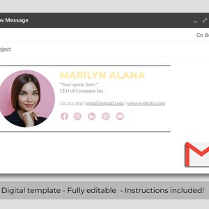 May include: Email signature template with a woman's headshot, name, title, contact information, and social media icons. The text reads "MARILYN ALANA", "Your quote here.", "CEO of Company Inc.", "123.222.3333", "email@email.com", "www.website.com", and includes icons for Facebook, Instagram, LinkedIn, Pinterest, and YouTube.
