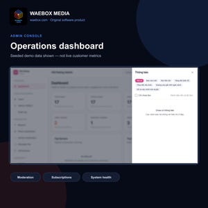 May include: A digital operations dashboard interface by Waebox Media featuring a dark theme with a white notification pop-up window. The screen displays various administrative metrics, navigation menus, and system alerts in a structured layout.