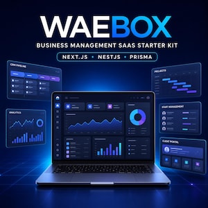 May include: A laptop displaying a dark-themed business management dashboard with charts and graphs. The text reads WAEBOX BUSINESS MANAGEMENT SAAS STARTER KIT NEXT.JS NESTJS PRISMA. Floating panels show CRM PIPELINE, PROJECTS, ANALYTICS, STAFF MANAGEMENT, and CLIENT PORTAL.