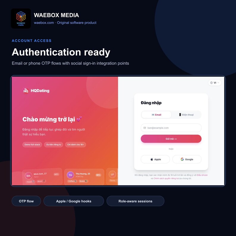 May include: A digital interface design for a dating application titled HQDating. The screen features a gradient red and orange background with a login box containing fields for email or phone, a submit button, and Apple or Google sign-in options.