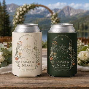 Personalized Mountain Wedding Can Coolers, Custom Rustic Outdoor Favors for Guests