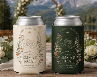 Personalized Mountain Wedding Can Coolers, Custom Rustic Outdoor Favors for Guests