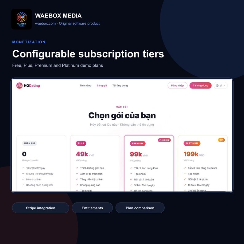 May include: A digital interface display for Waebox Media showing configurable subscription tiers for HQDating. The screen features four pricing plans labeled Free, Plus, Premium, and Platinum with specific feature lists and costs in Vietnamese Dong.