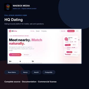 May include: A digital product display for HQ Dating, a software platform featuring a landing page with the text Meet nearby. Match naturally. The interface includes user profile cards, navigation menus, and technical badges for React Native, Next.js, NestJS, and PostgreSQL.