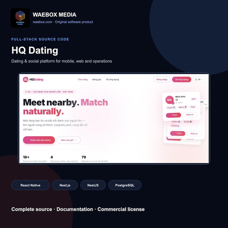 May include: A digital product display for HQ Dating, a software platform featuring a landing page with the text Meet nearby. Match naturally. The interface includes user profile cards, navigation menus, and technical badges for React Native, Next.js, NestJS, and PostgreSQL.