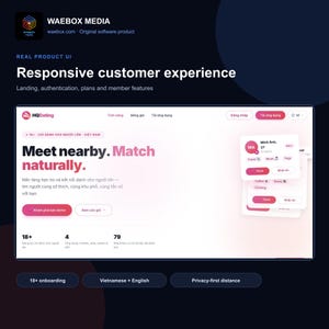 May include: A digital interface design for a dating website titled HQDating, featuring a white background with pink text and buttons. The layout includes a hero section with the text Meet nearby. Match naturally, navigation menus, and a profile card.