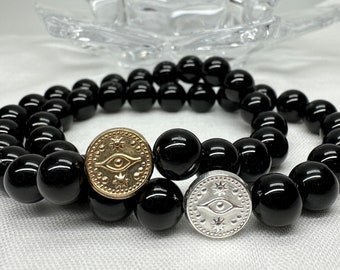 Evil Eye Black Tourmaline Bracelet, 8mm AAA Black Tourmaline, Energy Meditation Bracelet, Protection