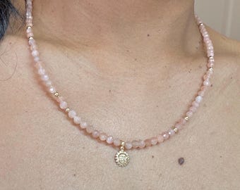 Peach Moonstone Necklace: 14k Gold Filled Sun Pendant, Gemstone Choker